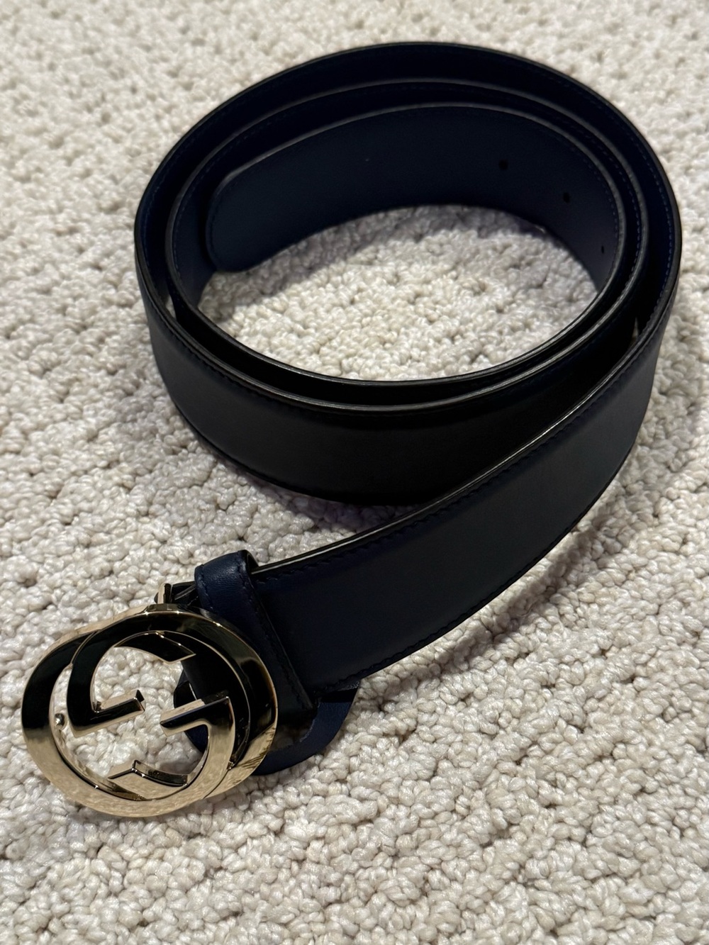 Gucci Navy Leather Belt Gold Buckle